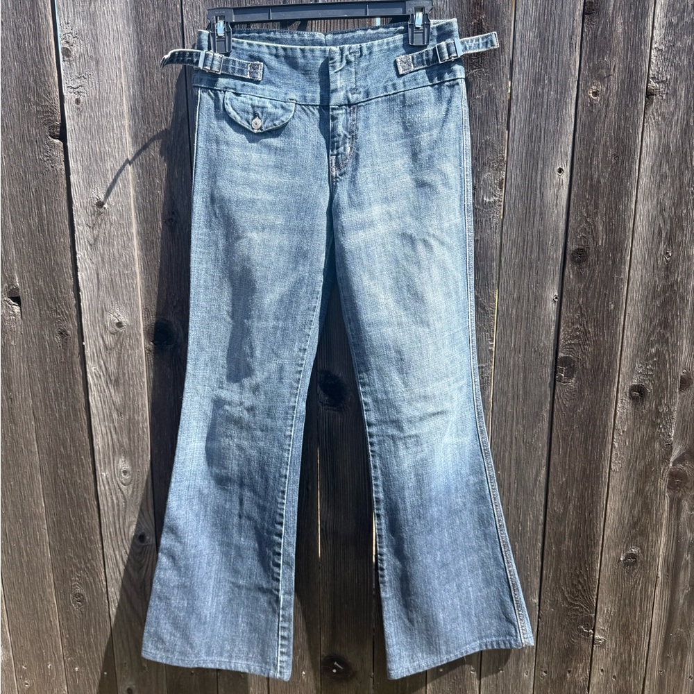 7 For All Mankind Light Blue Flare Jeans with Tab Waist Detail